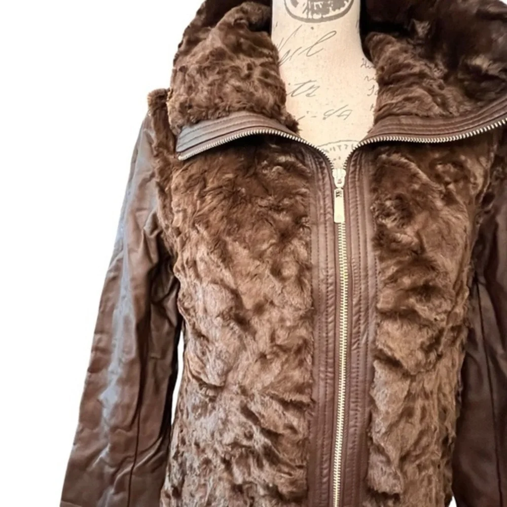 NWOT Dennis Basso Sterling Brown Faux Fur Jacket 2‎ in 1 Zip-Off Sleeve XS COZY